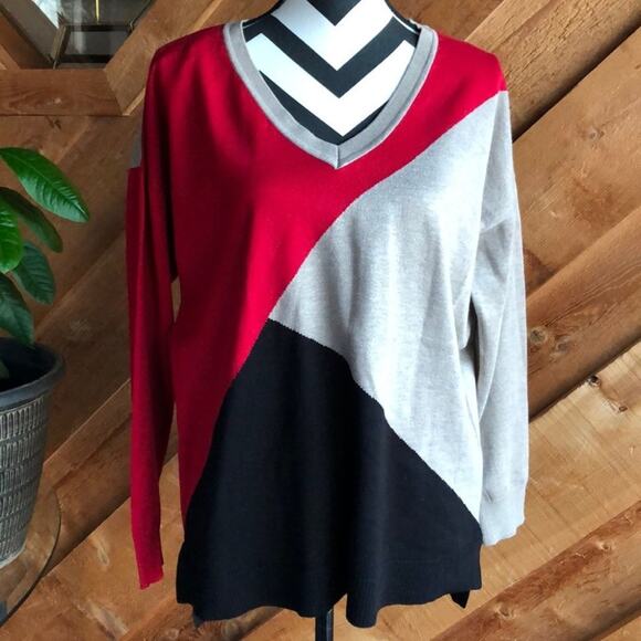 Verve Ami Black Tan Red Color Block V Neck Sweater Size Large - Picture 1 of 9
